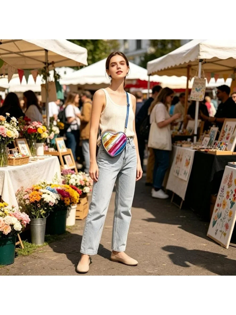 Heart Shaped Patchwork Crossbody Bag, Adjustable Strap, Lightweight, Zipper